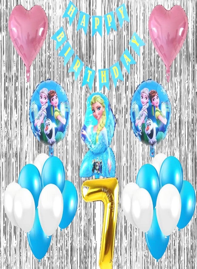 Flyloons 7th Frozen Elsa theme birthday decorations items for Girls with Elsa Anna olaf Foil Balloon,Light Pink Star Foil,Sky Blue White Balloons, Silver Foil Curtains kit, Foil Balloon number 7 - Image 1